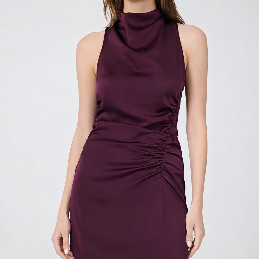 🆕 ✨CeCe Rich Cabernet Satin Ruched Midi Dress Size 6 Mock Elegant Cocktail Party - Picture 4 of 15